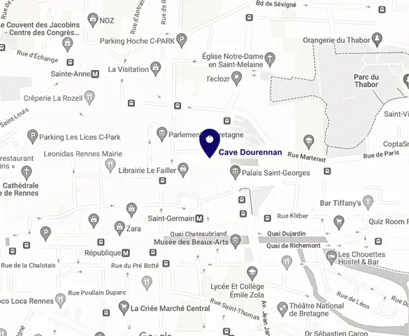 Carte de Rennes avec la localisation de la cave Dourennan